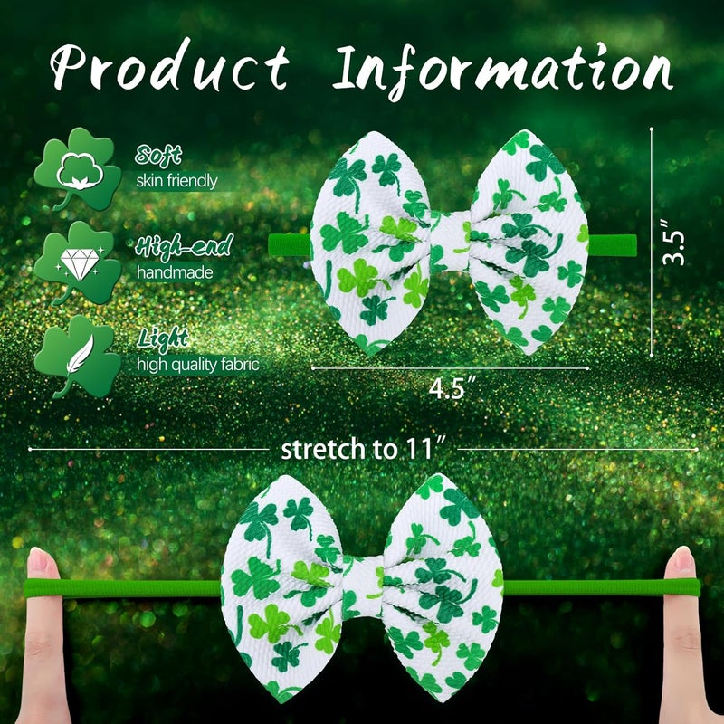 ONENINEDREAM St. Patrick's Baby Headbands Bows Velvet Baby Girl Shamrock Bows Green Leaves Nylon Headbands Newborn Hair Bow Toddler Infant Kids Hair Accessories - Image 4